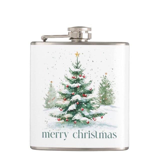 Christmas Theme Snowy Tree Retro Typography Hip Flask (Front)