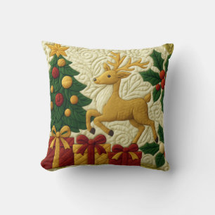 Christmas Theme Tree Reindeer Gifts Quilted Look Cushion