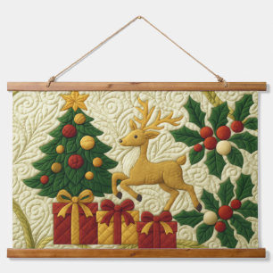 Christmas Theme Tree Reindeer Gifts Quilted Look Hanging Tapestry