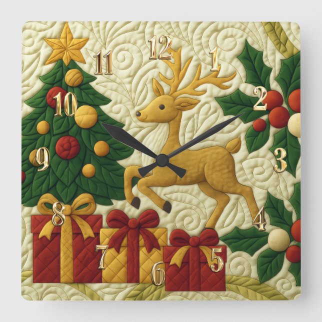 Christmas Theme Tree Reindeer Gifts Quilted Look Square Wall Clock (Front)