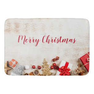 Christmas Themed Items on a Rustic Wooden Board Bath Mat