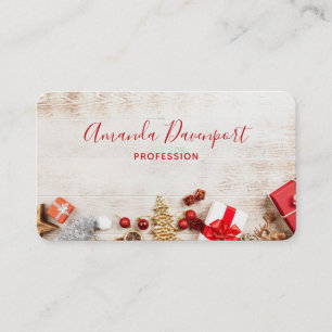 Christmas Themed Items on a Rustic Wooden Board Business Card