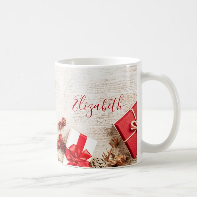 Christmas Themed Items on a Rustic Wooden Board Coffee Mug (Right)