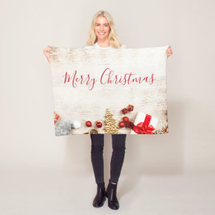 Christmas Themed Items on a Rustic Wooden Board Fleece Blanket