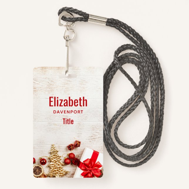 Christmas Themed Items on a Rustic Wooden Board ID Badge (Front with Lanyard)