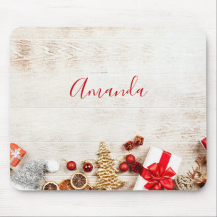 Christmas Themed Items on a Rustic Wooden Board Mouse Mat