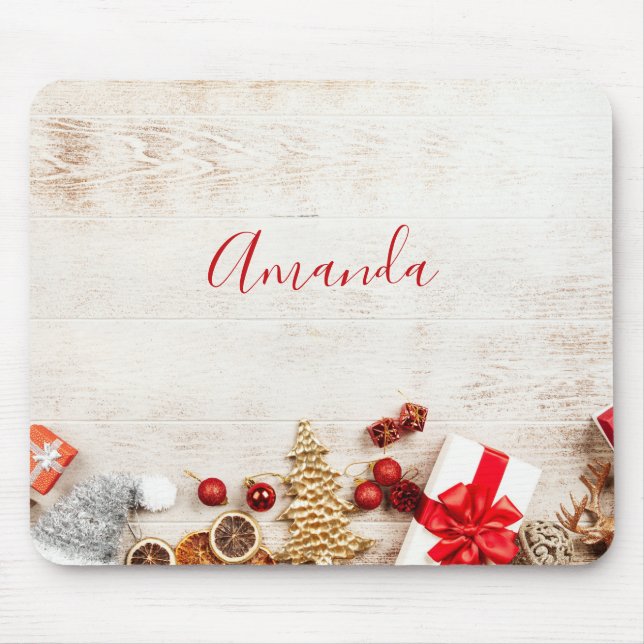 Christmas Themed Items on a Rustic Wooden Board Mouse Mat (Front)