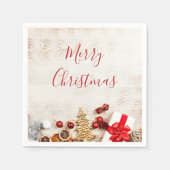 Christmas Themed Items on a Rustic Wooden Board Napkin (Front)