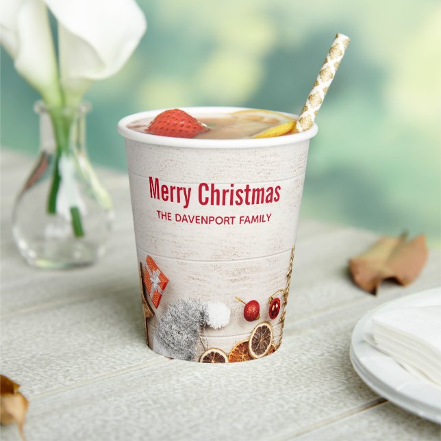 Christmas Themed Items on a Rustic Wooden Board Paper Cups (Insitu)