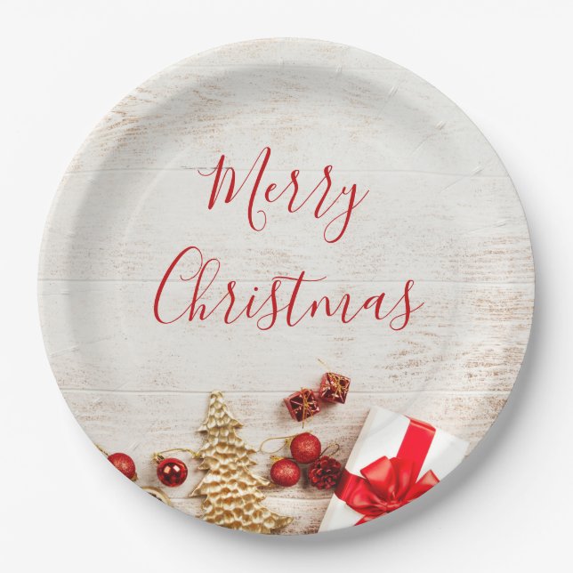 Christmas Themed Items on a Rustic Wooden Board Paper Plate (Front)