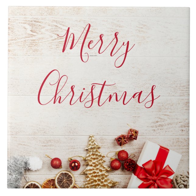 Christmas Themed Items on a Rustic Wooden Board Tile (Front)