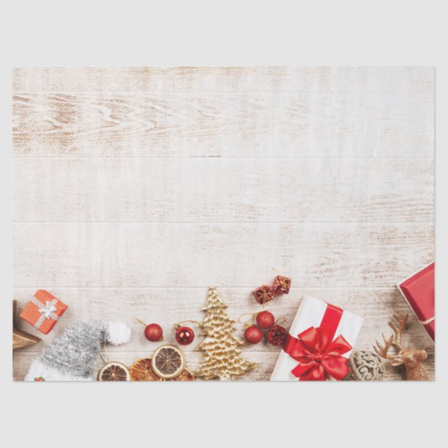 Christmas Themed Items on a Rustic Wooden Board Tissue Paper (Front)