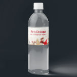 Christmas Themed Items on a Rustic Wooden Board Water Bottle Label<br><div class="desc">Water bottle labels with a rustic photograph. A light brown wooden board with various Christmas elements along the bottom.</div>