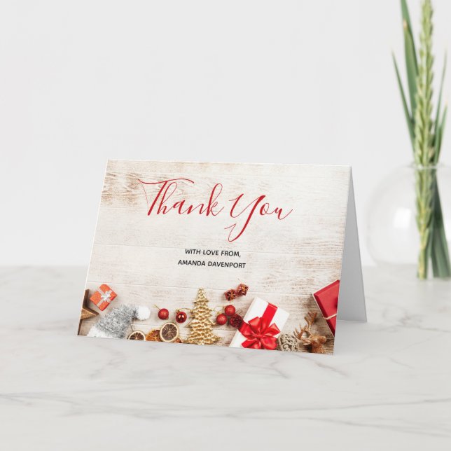 Christmas Themed Items on Rustic Wood Thank You Card (Front)