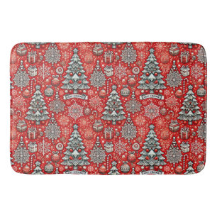 Christmas-Themed Pattern with Trees, Snowflakes Bath Mat