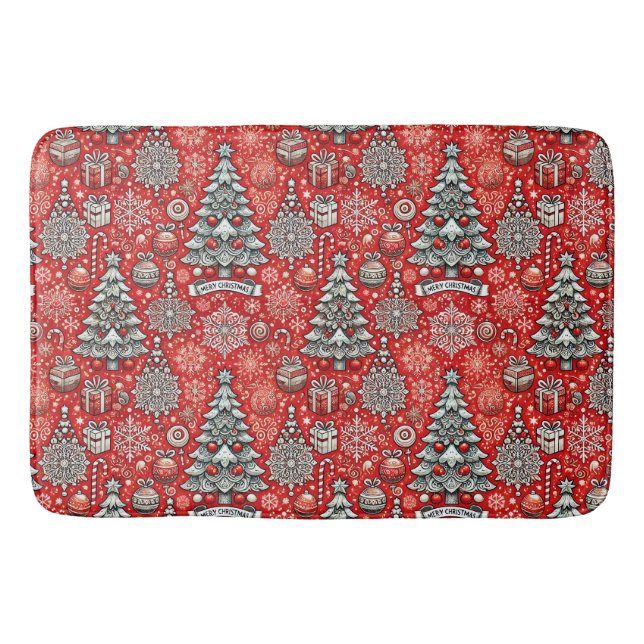 Christmas-Themed Pattern with Trees, Snowflakes Bath Mat (Front)