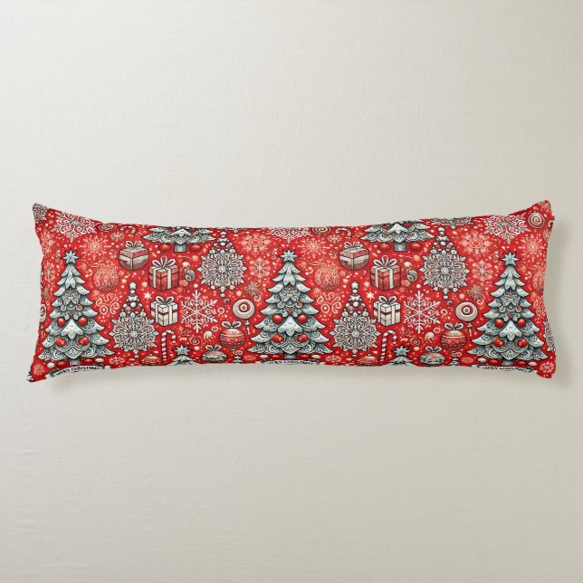 Christmas-Themed Pattern with Trees, Snowflakes Body Cushion (Front)