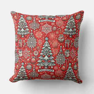 Christmas-Themed Pattern with Trees, Snowflakes Cushion