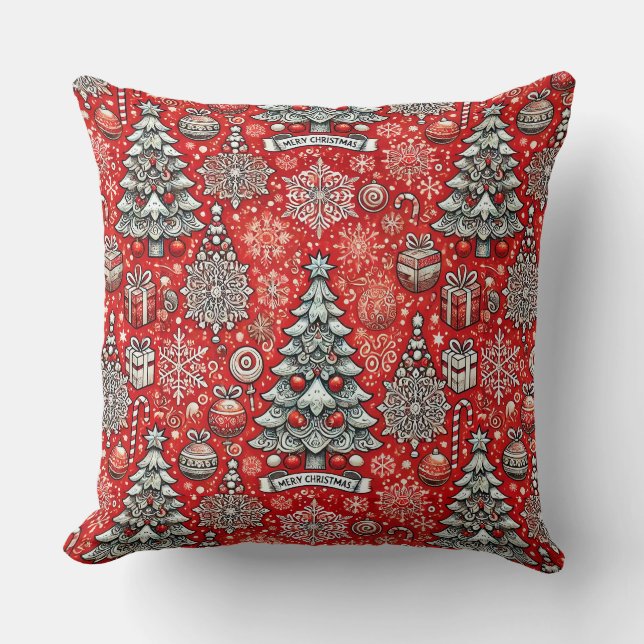Christmas-Themed Pattern with Trees, Snowflakes Cushion (Front)