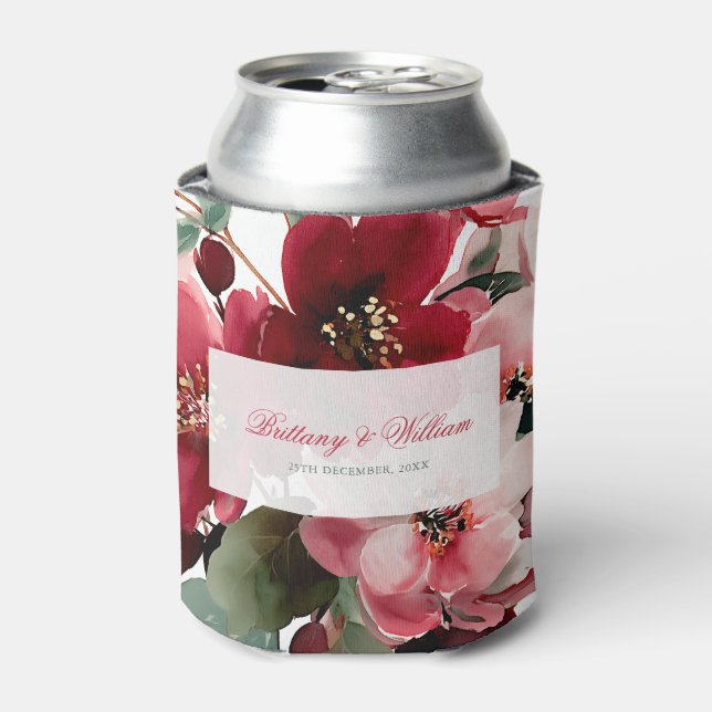  Christmas Themed Red Floral Wedding  Can Cooler (Can Front)