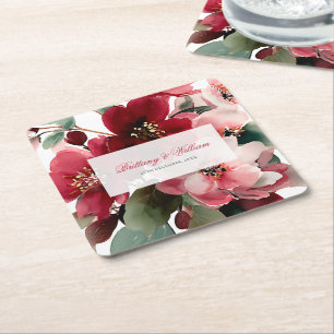 Christmas Themed Red Floral Wedding Square Paper Coaster