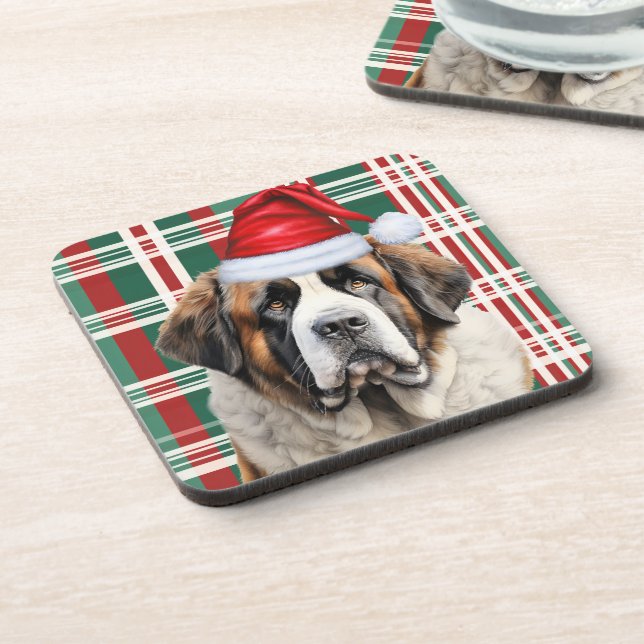 Christmas Themed Saint Bernard Dog Holiday Plaid Coaster (Left Side)