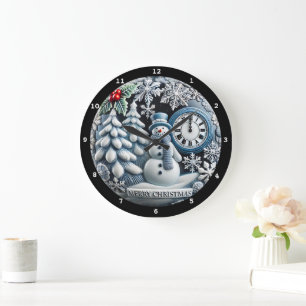 Christmas-Themed Snowman and Winter Forest Scene Large Clock