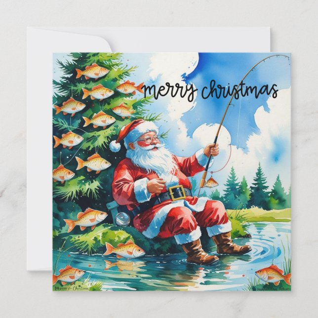 Christmas themed with Santa Claus fishing  Holiday Card (Front)