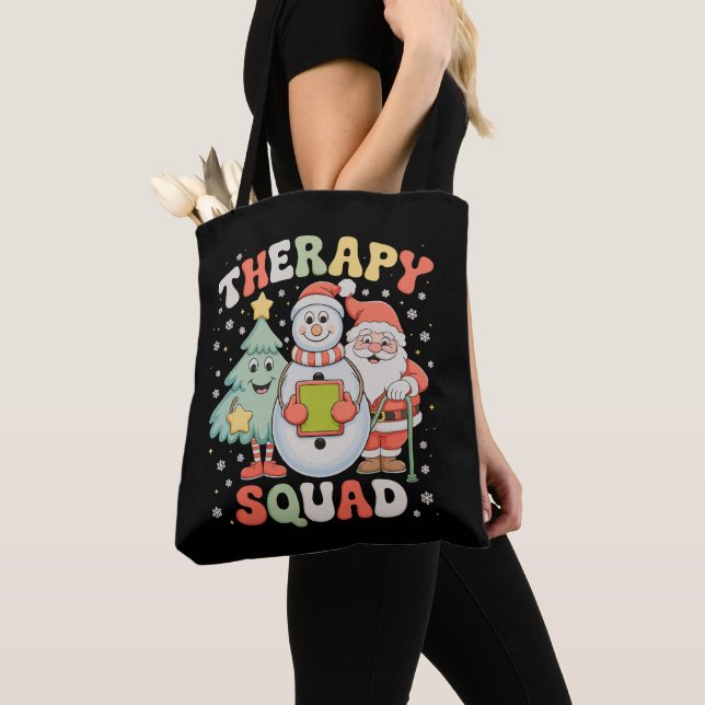 Christmas Therapy Squad SLP OT PT Crew Santa Xmas Tote Bag (Close Up)