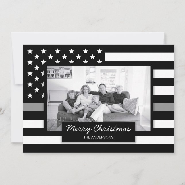 Christmas Thin Grey Line American Flag Photo Card (Front)