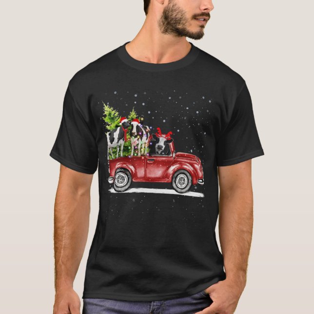 Christmas Three Cows Ride Red Truck Farmer Xmas Sa T-Shirt (Front)
