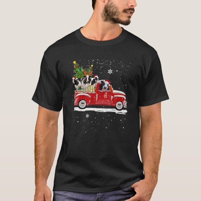 Christmas Three Cows Ride Red Truck Farmer Xmas Sa T-Shirt (Front)