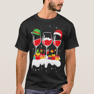 Christmas Three Glass Of Red Wine Xmas Santa ELF   T-Shirt