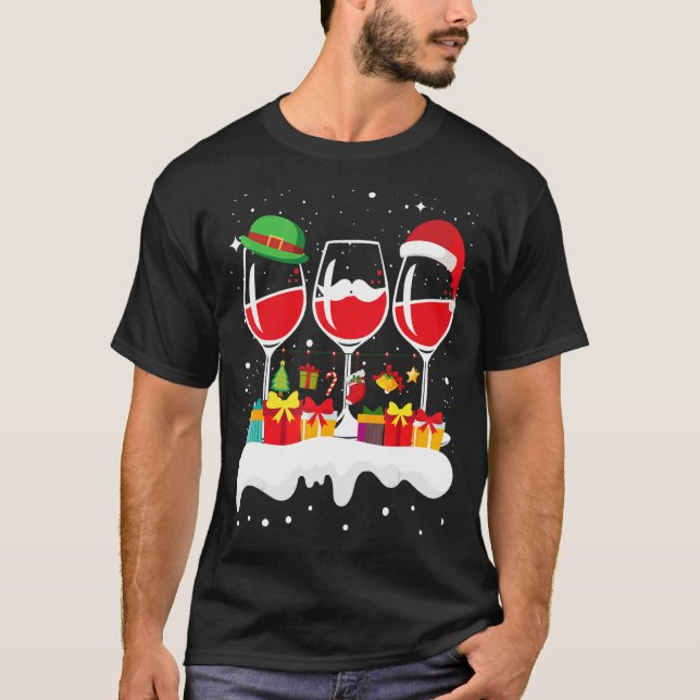 Christmas Three Glass Of Red Wine Xmas Santa ELF   T-Shirt (Front)