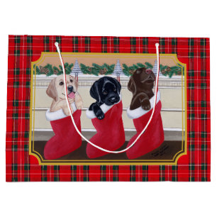 Christmas Three Labrador Puppies Tartan Large Gift Bag