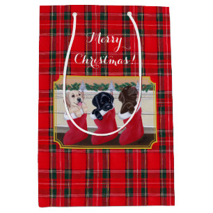 Christmas Three Labrador Puppies Tartan Medium Gift Bag