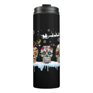 Christmas Three Mexican Flower Sugar Skull In Thermal Tumbler