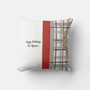 Christmas Throw Pillow, Deer Red Grey Plaid  Cushion