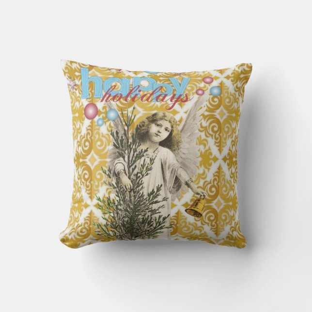 Christmas Throw Pillow, Happy Holidays Angel Cushion (Front)