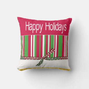 Christmas Throw Pillow, Happy Holidays Stripe  Cushion