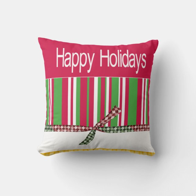 Christmas Throw Pillow, Happy Holidays Stripe  Cushion (Front)