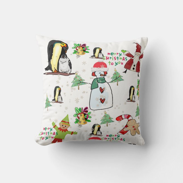 Christmas Throw Pillow, Penguin Santa Snowman Elf Cushion (Front)