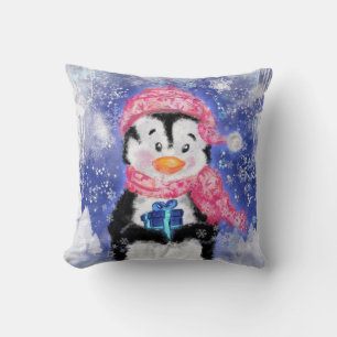Christmas Throw Pillow Penguin with Gift