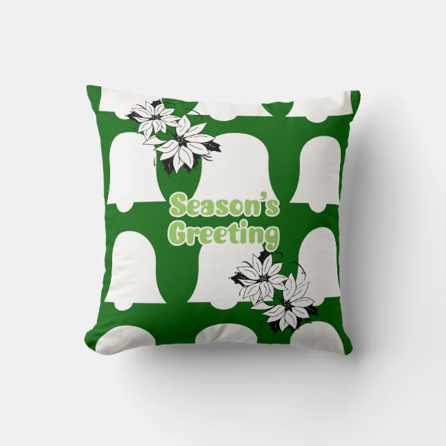 Christmas Throw Pillow, Seasons Greetings Green Cushion (Front)