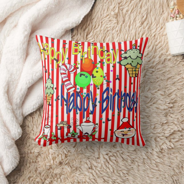 Christmas Throw Pillow, Stripe Happy Birthday Cushion (Blanket)