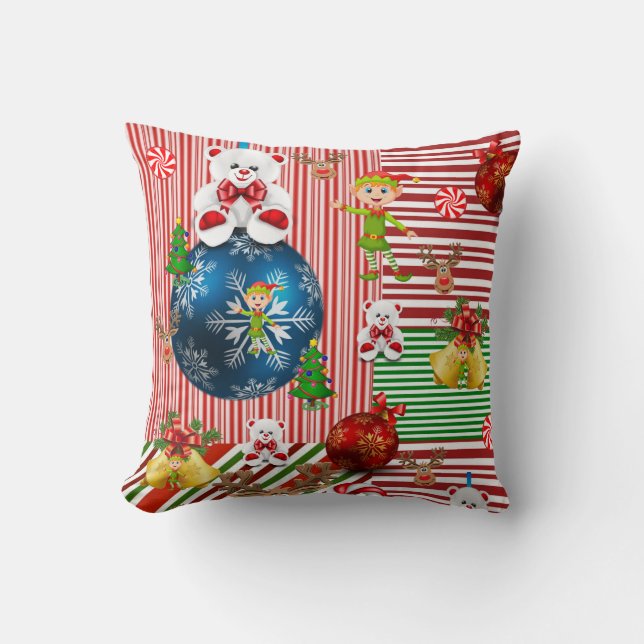 Christmas Throw Pillow, Teddy Bear Stripe Cushion (Front)