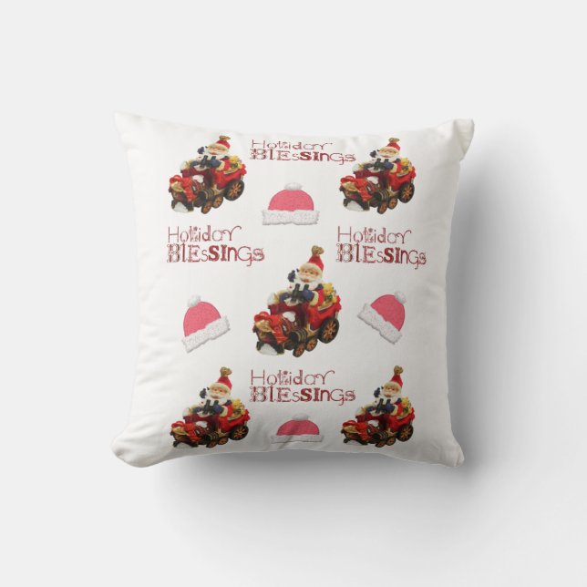 Christmas Throw Pillow, Vintage Santa Blessings Cushion (Front)