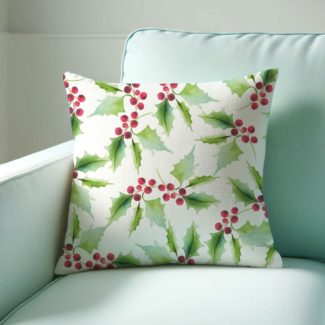 Christmas Throw Pillow Watercolor Holly Berry (Christmas throw pillow watercolor red and green holly by Victoria Grigaliunas Do Tell A Belle)