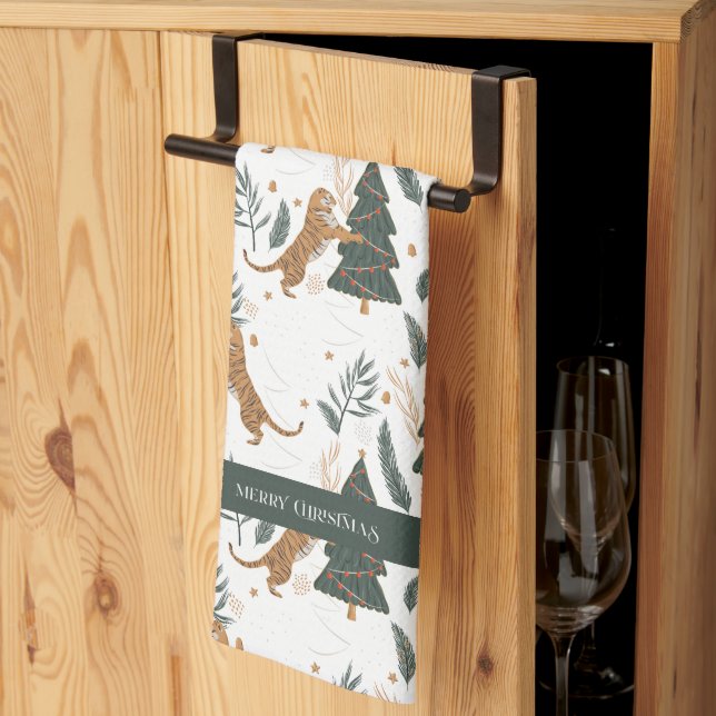 Christmas Tiger and a Tree Pattern Tea Towel (Thirds Fold)