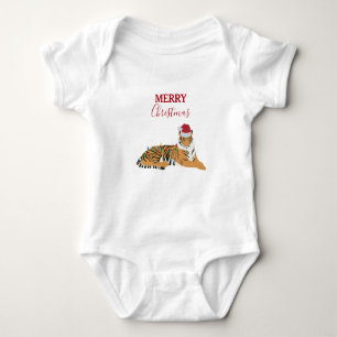Christmas Tiger Funny Animal with Santa Hat Card Baby Bodysuit